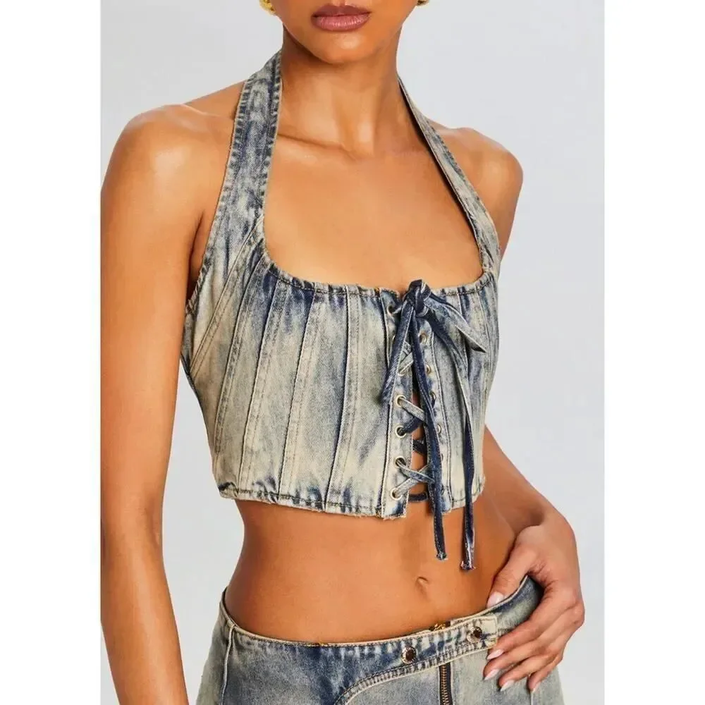 NWT Retrofete Bandit Denim Halter Corset Top Amalfi Lace Up Crop Size S
